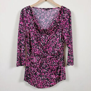 CHAUS Draped Floral‎ Blouse Woman's Size M Black Magenta Stretch